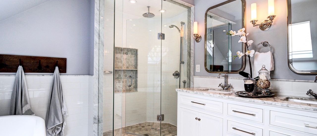Master Ensuite walk in glass shower enclosure featured home by Hope Designs 1280x550 header Glenaden Ave E Etobicoke marble honeycomb tiles